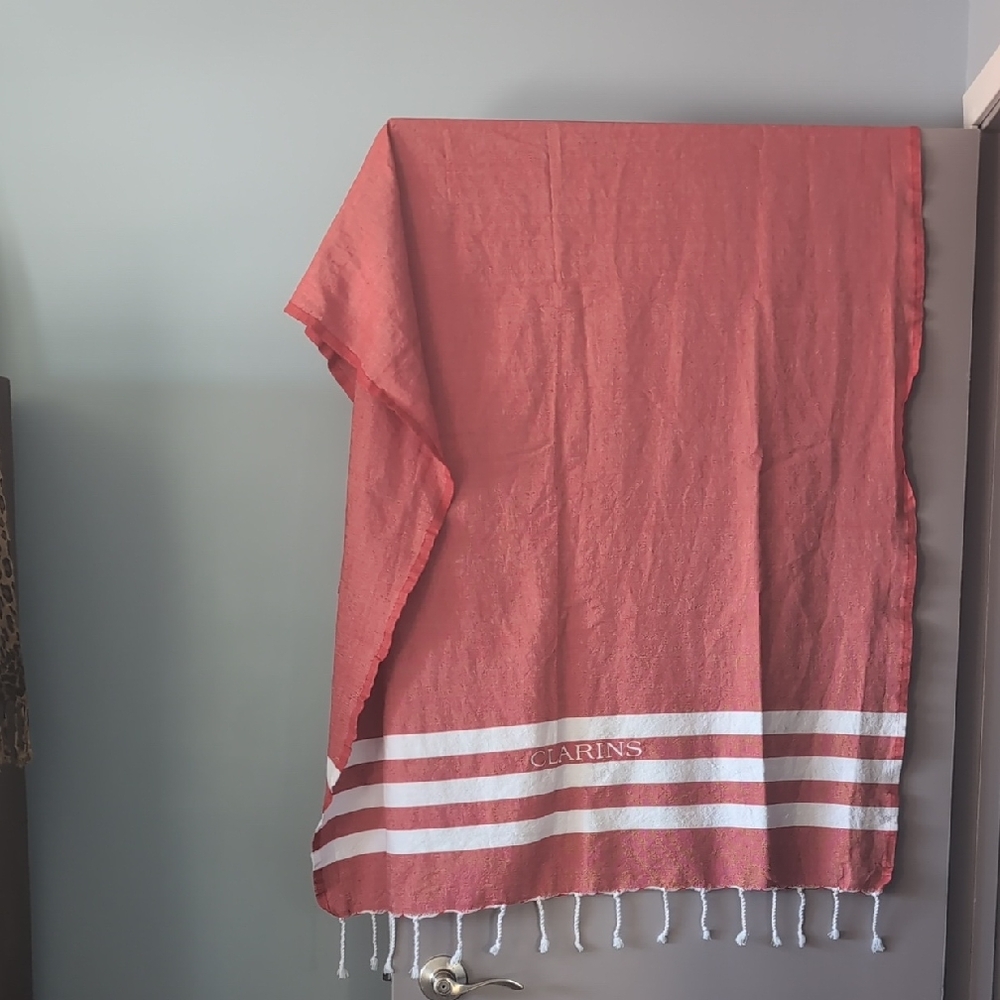 Clarins Coral-Red Turkish Bath Towel with White Stripes